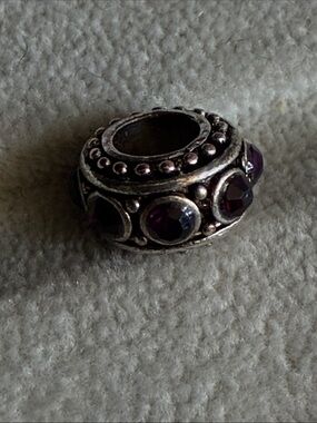 Sterling-Style Silver Bead Charm with Deep Purple Stones